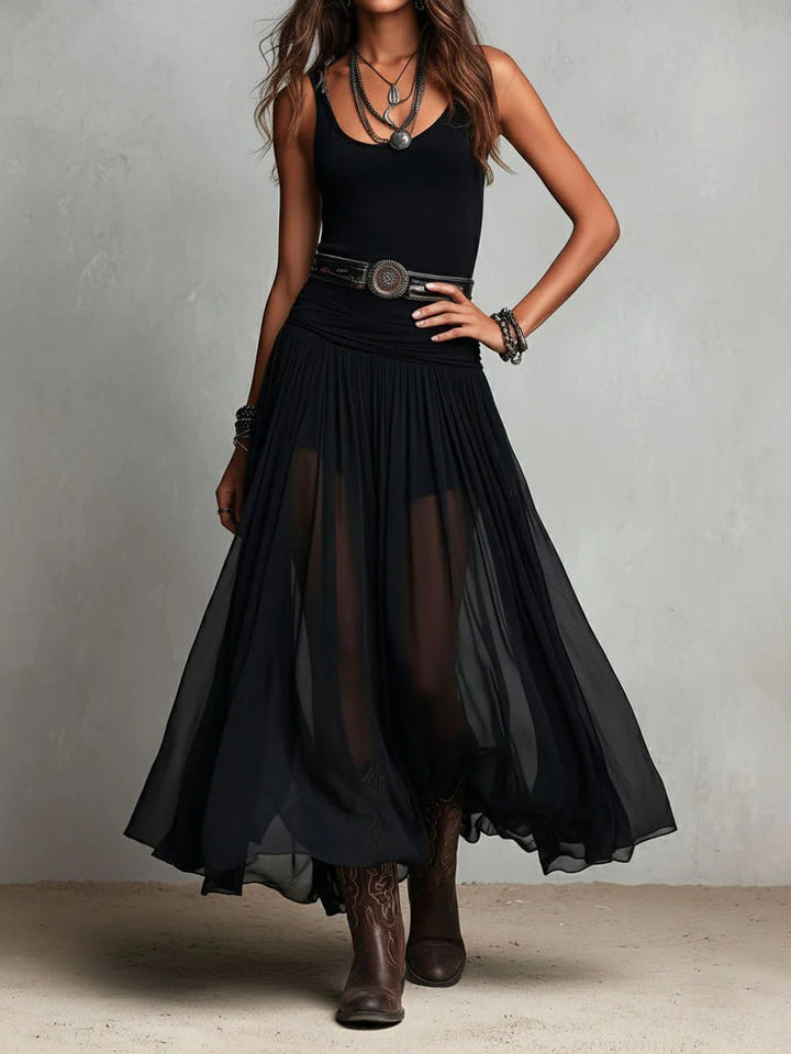 Damen Boho Maxi Kleid mit V-Ausschnitt Tüllrock