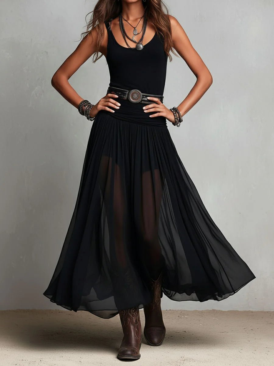 Damen Boho Maxi Kleid mit V-Ausschnitt Tüllrock