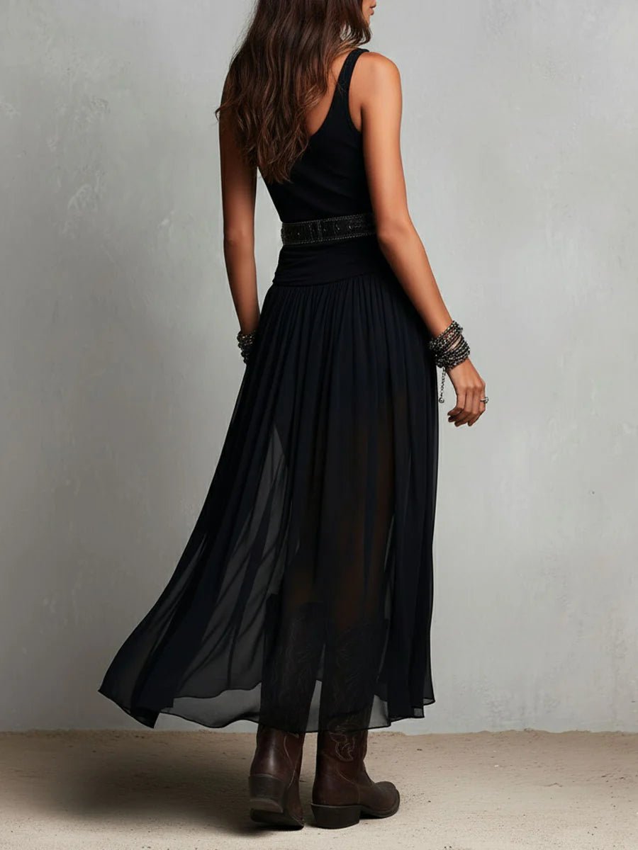 Damen Boho Maxi Kleid mit V-Ausschnitt Tüllrock
