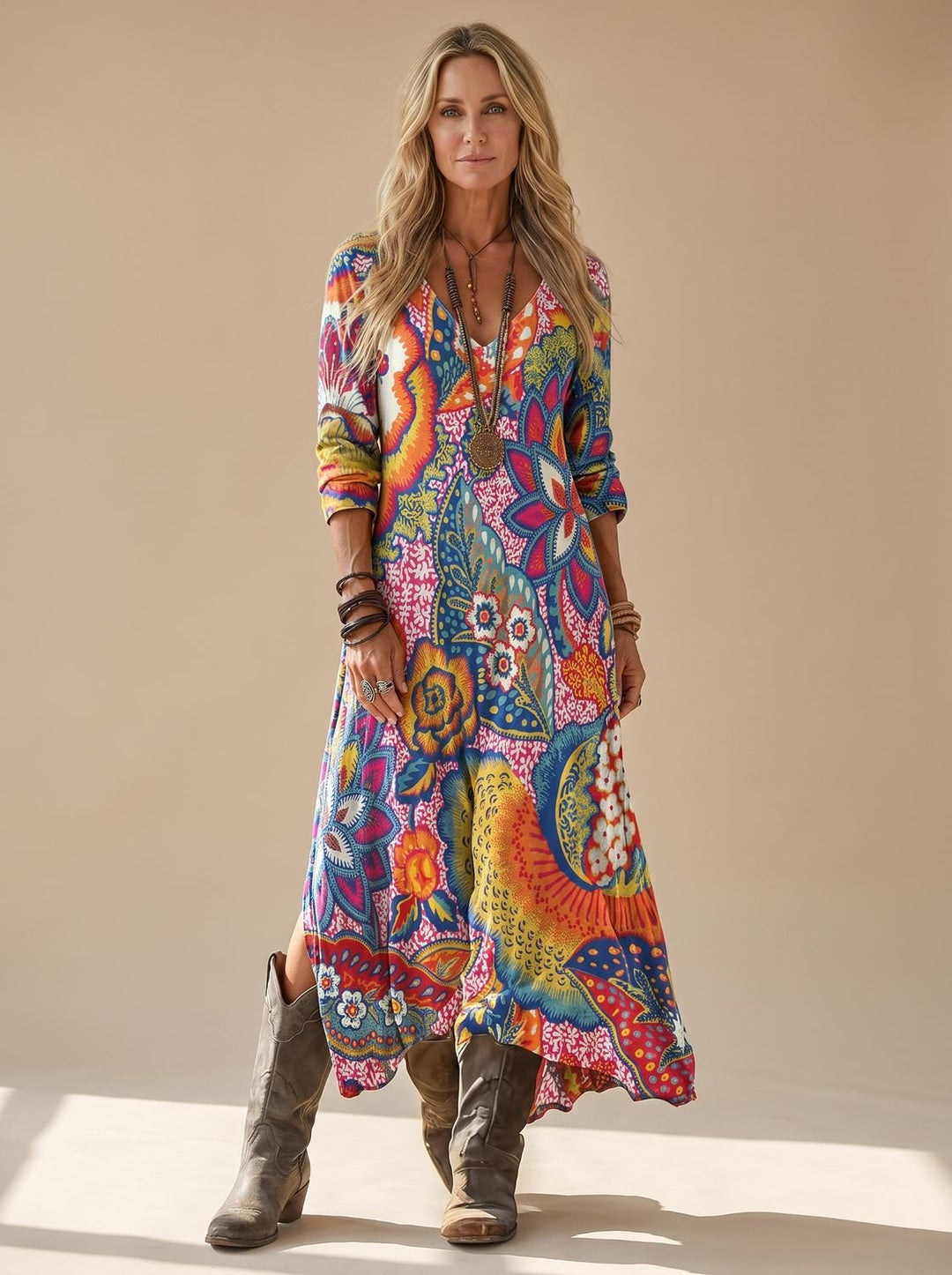 Damen Boho Maxi-Kleid mit V-Ausschnitt Vintage Blumenmuster 3/4-Arm - Mehrfarbig