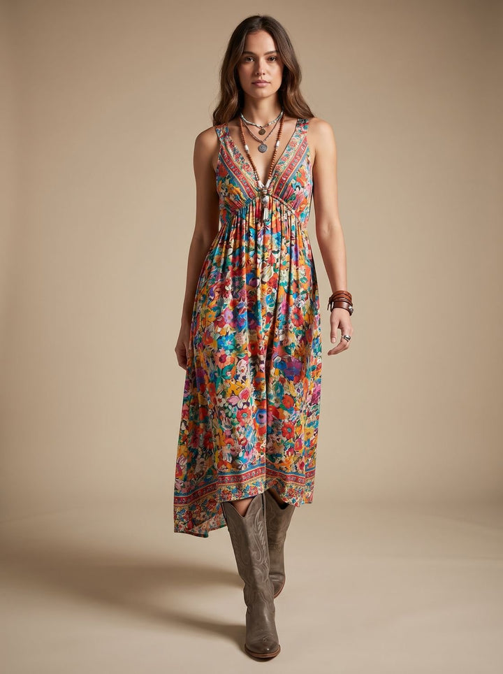 Damen Boho Maxi-Kleid mit V-Ausschnitt Vintage Blumenmuster 3/4-Arm