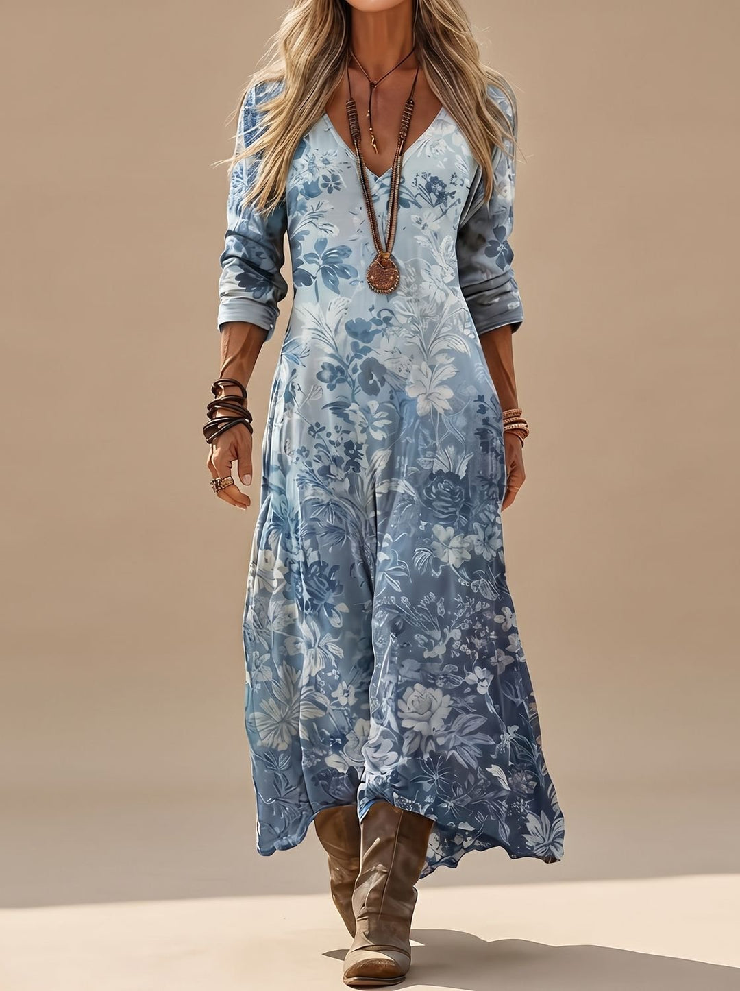 Damen Boho Maxi-Kleid mit Vintage-Blumenmuster und V-Ausschnitt - Blau