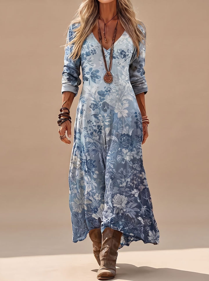 Damen Boho Maxi-Kleid mit Vintage-Blumenmuster und V-Ausschnitt
