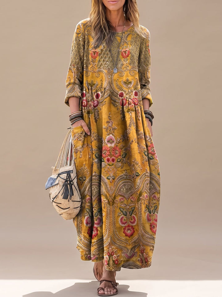 Damen Boho Maxi-Kleid Oversized Vintage Blumenprint Langarm - Mehrfarbig