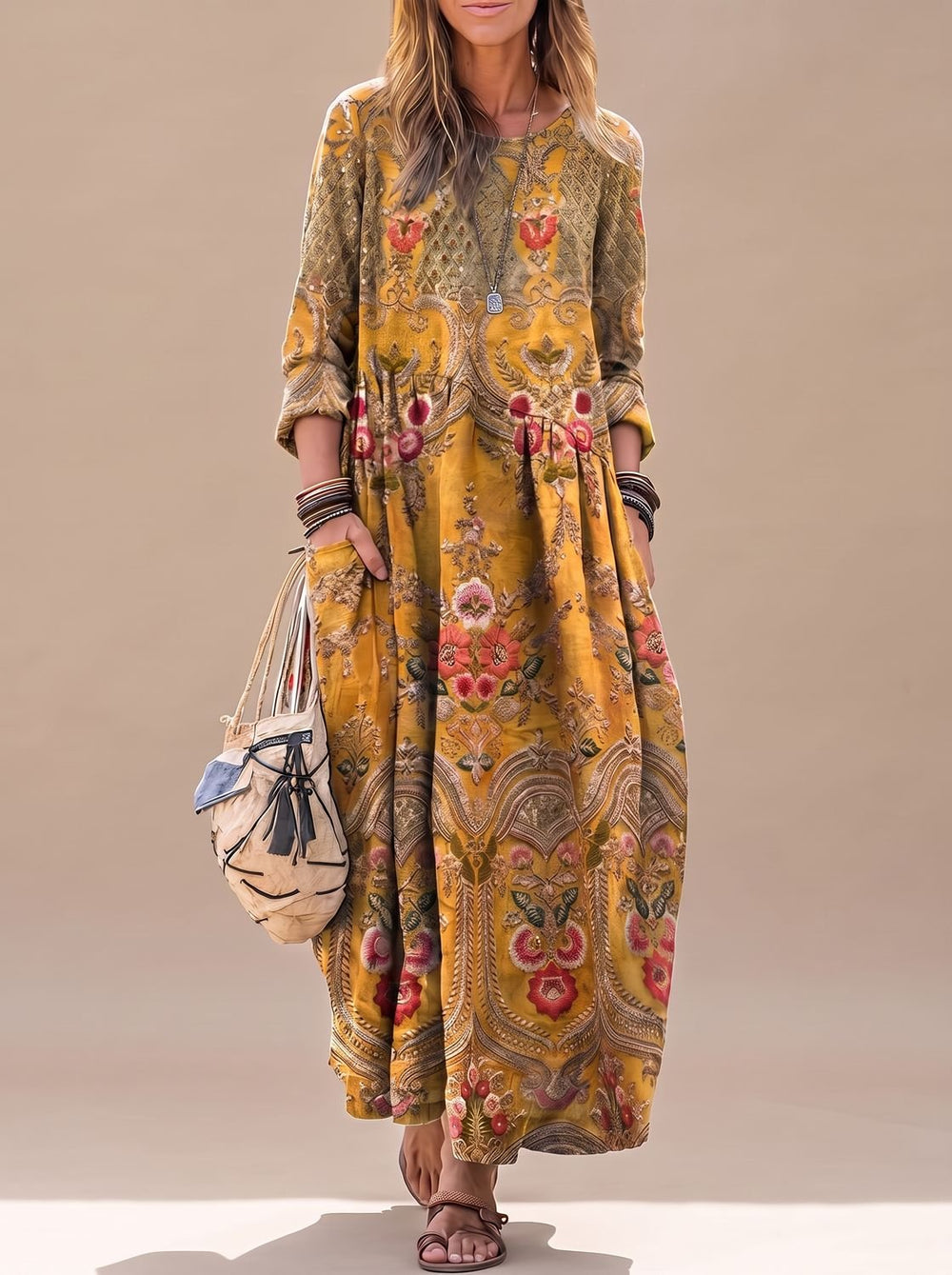 Damen Boho Maxi-Kleid Oversized Vintage Blumenprint Langarm