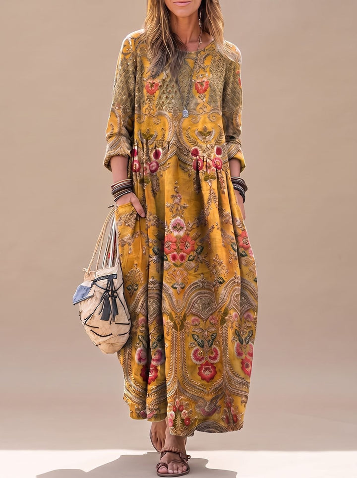 Damen Boho Maxi-Kleid Oversized Vintage Blumenprint Langarm