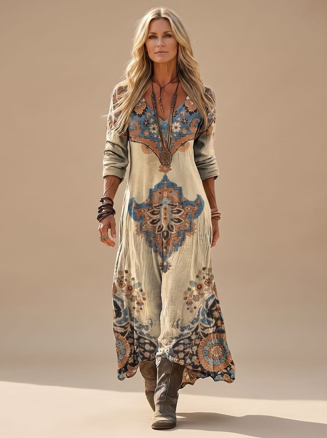 Damen Boho Maxikleid Langarm V-Ausschnitt Vintage-Folkloreprint - Mehrfarbig
