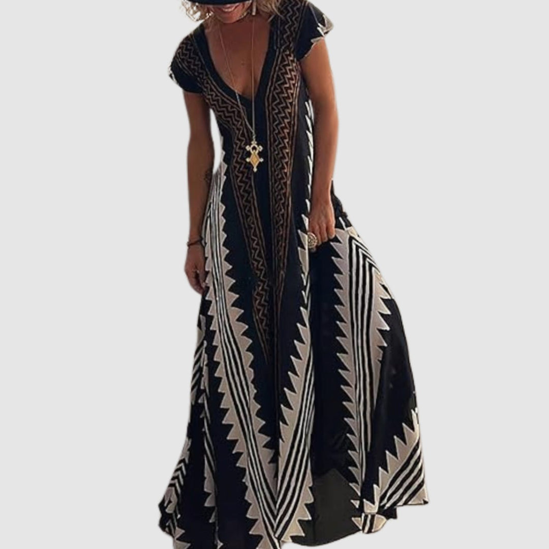Damen Boho Maxikleid mit kurzen Ärmeln tiefem V-Ausschnitt