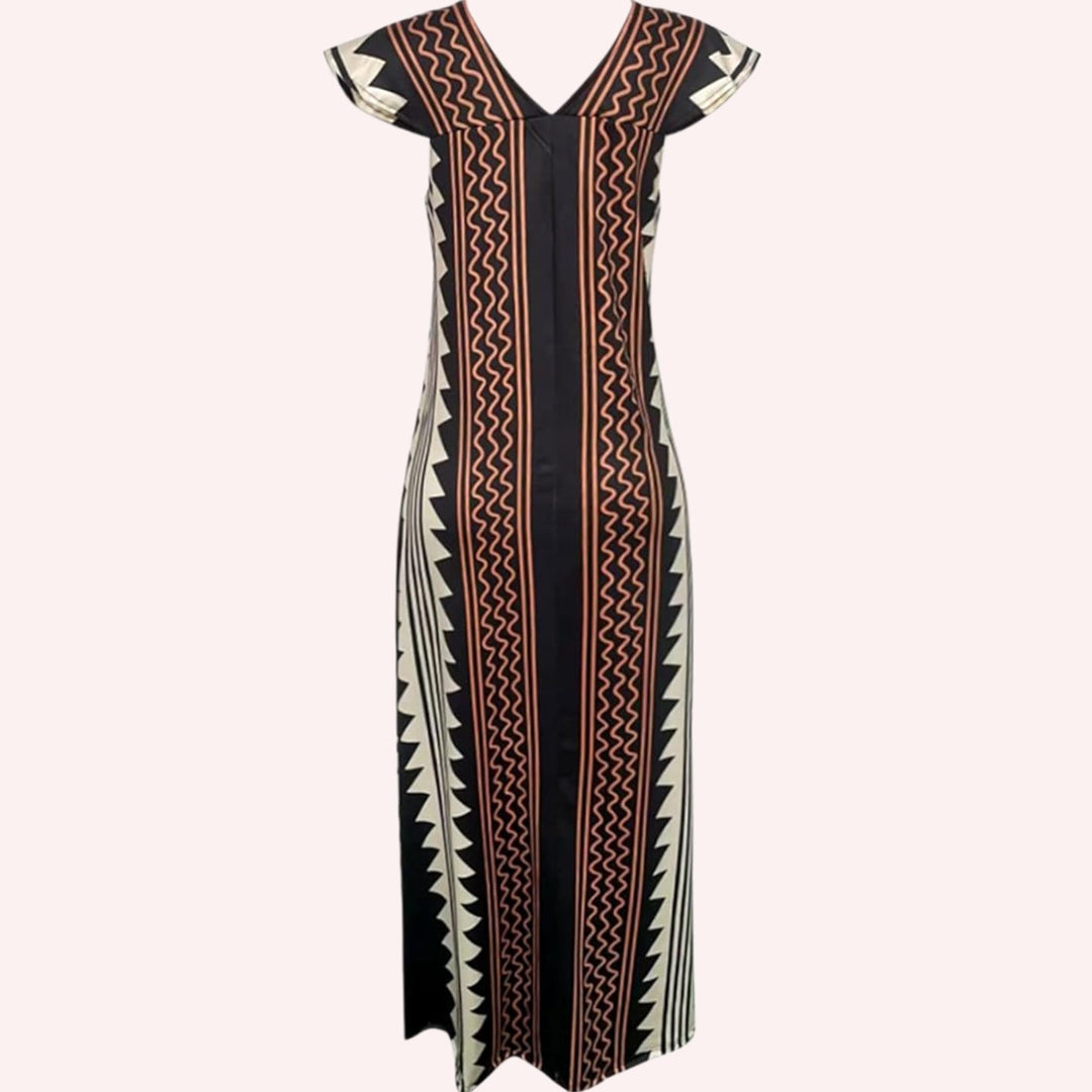 Damen Boho Maxikleid mit kurzen Ärmeln tiefem V-Ausschnitt