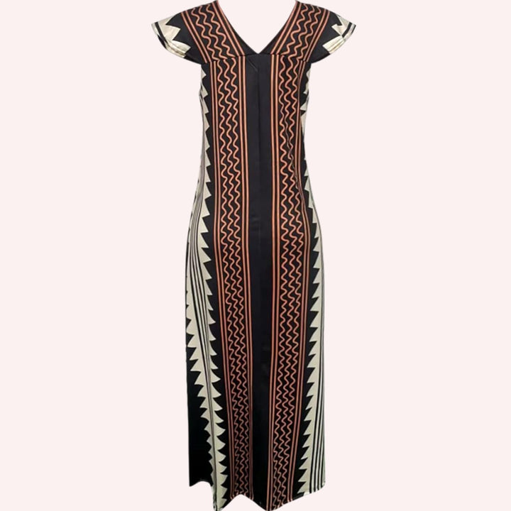 Damen Boho Maxikleid mit kurzen Ärmeln tiefem V-Ausschnitt