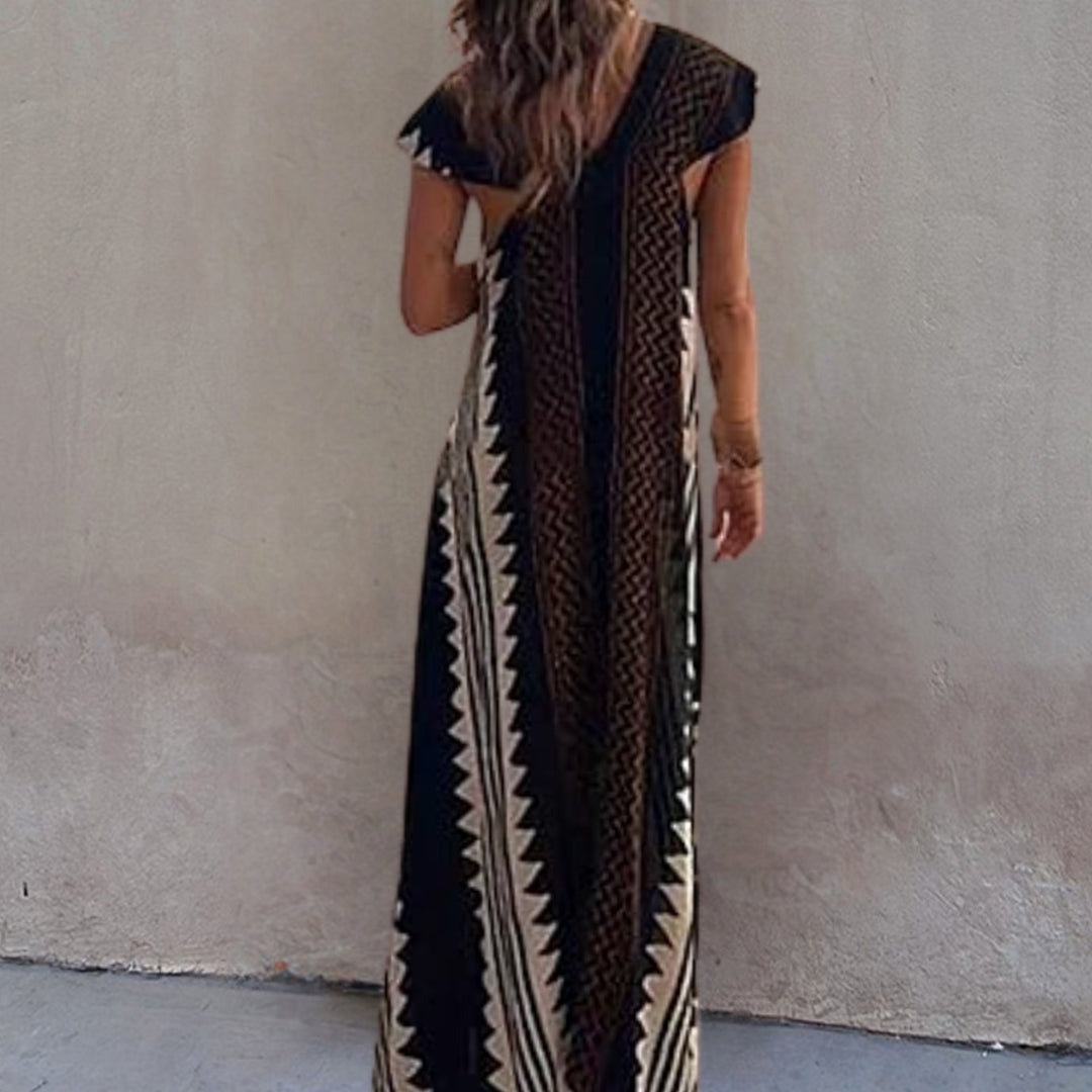 Damen Boho Maxikleid mit kurzen Ärmeln tiefem V-Ausschnitt