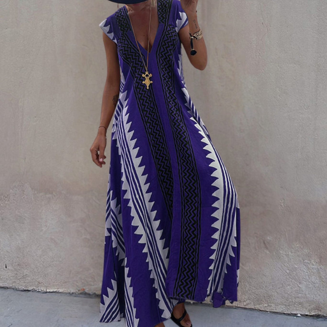 Damen Boho Maxikleid mit kurzen Ärmeln tiefem V-Ausschnitt - Blau