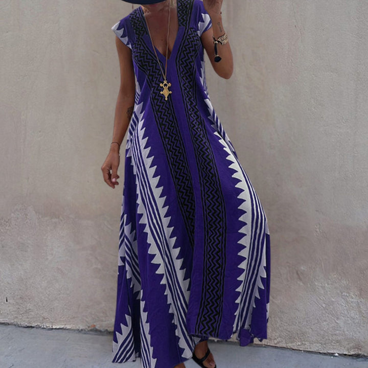 Damen Boho Maxikleid mit kurzen Ärmeln tiefem V-Ausschnitt - Blau
