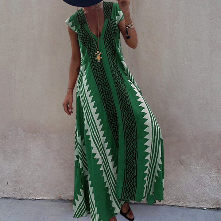 Damen Boho Maxikleid mit kurzen Ärmeln tiefem V-Ausschnitt - Grün