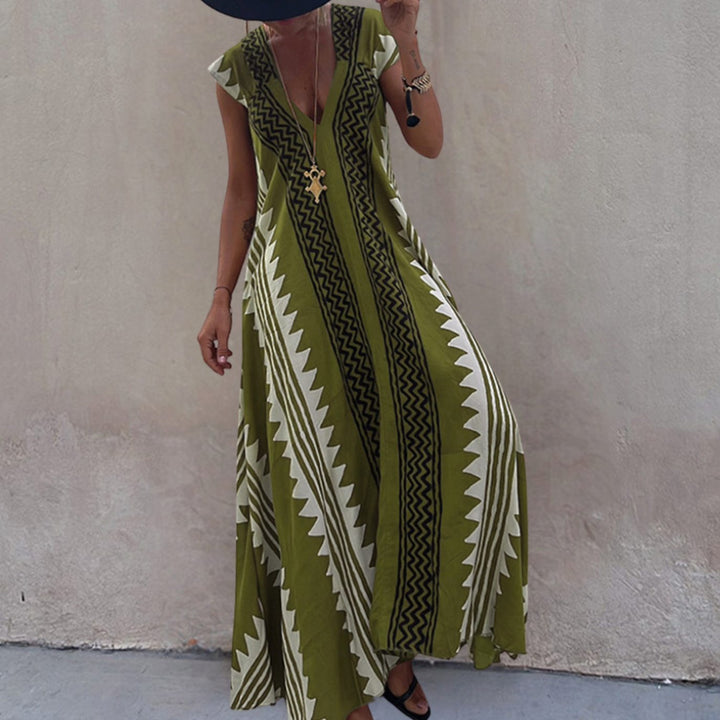 Damen Boho Maxikleid mit kurzen Ärmeln tiefem V-Ausschnitt - Oliv