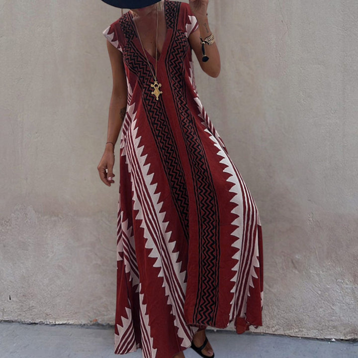 Damen Boho Maxikleid mit kurzen Ärmeln tiefem V-Ausschnitt - Rot