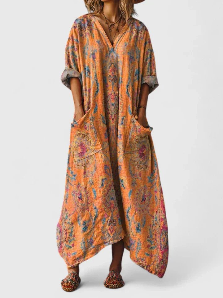 Damen Boho-Maxikleid mit Paisleymuster und Taschen - Orange