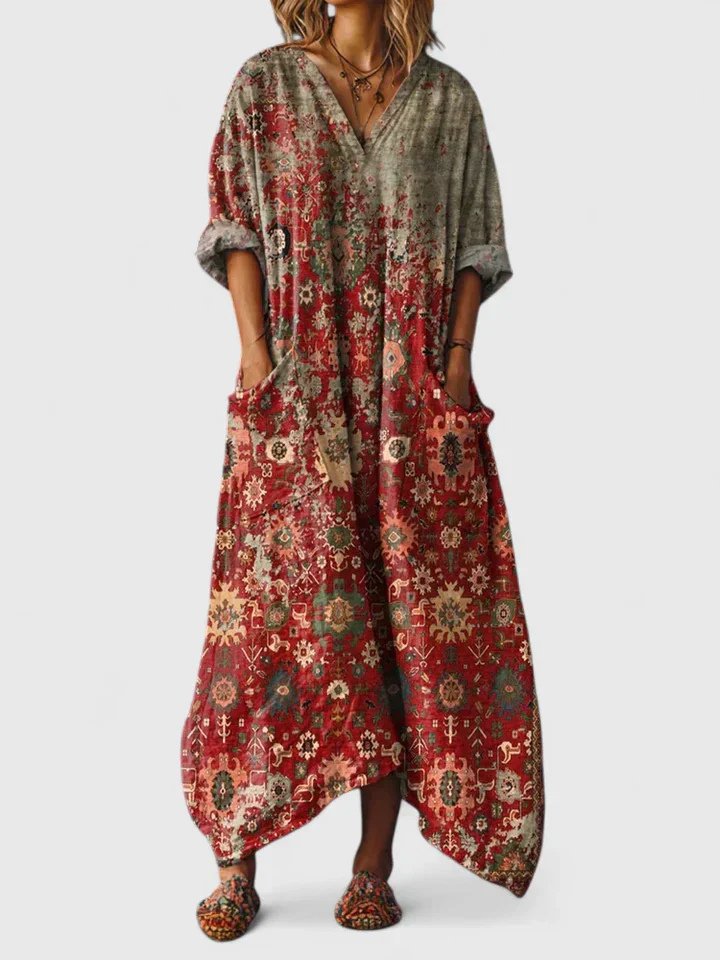 Damen Boho-Maxikleid mit Paisleymuster und Taschen - Red