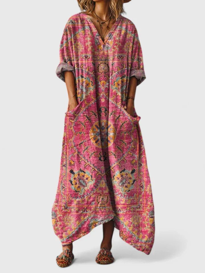 Damen Boho-Maxikleid mit Paisleymuster und Taschen - Dark Pink