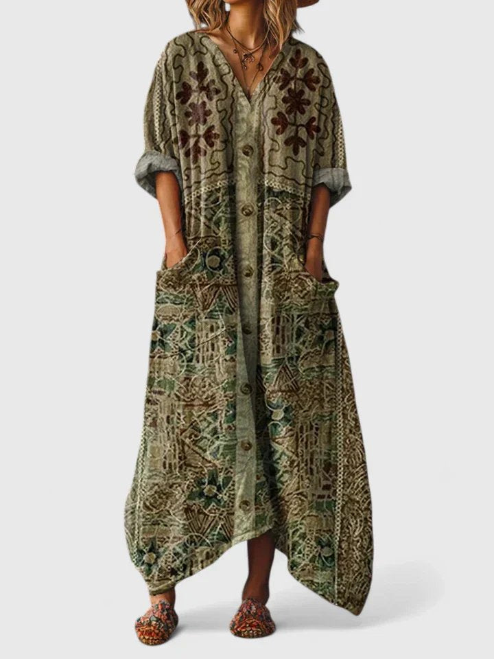 Damen Boho-Maxikleid mit Paisleymuster und Taschen - Olive Green