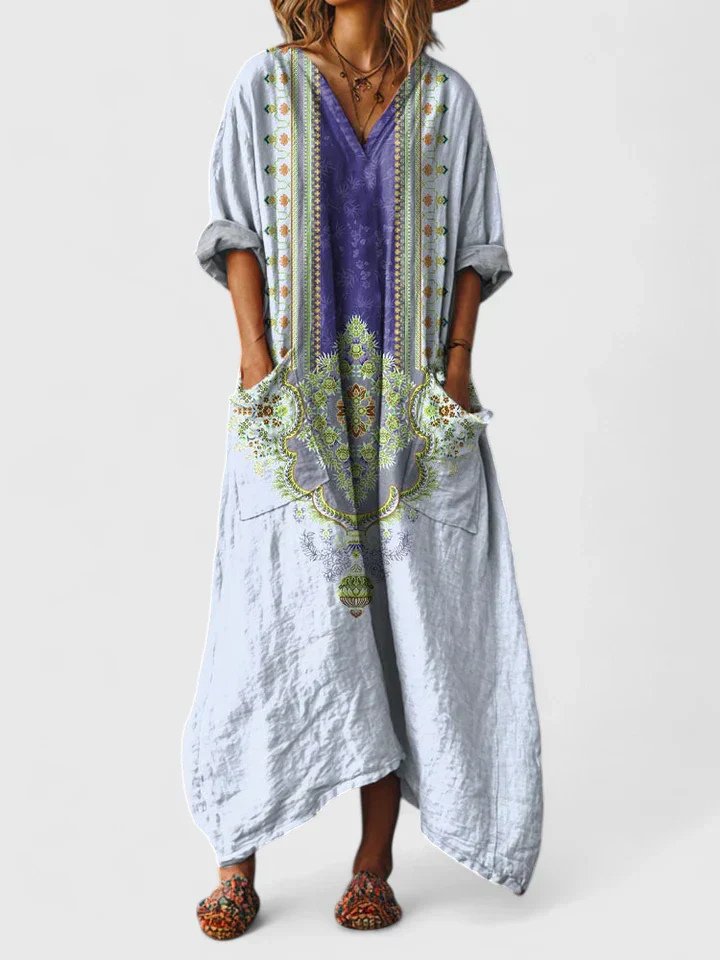Damen Boho-Maxikleid mit Paisleymuster und Taschen - Light Blue