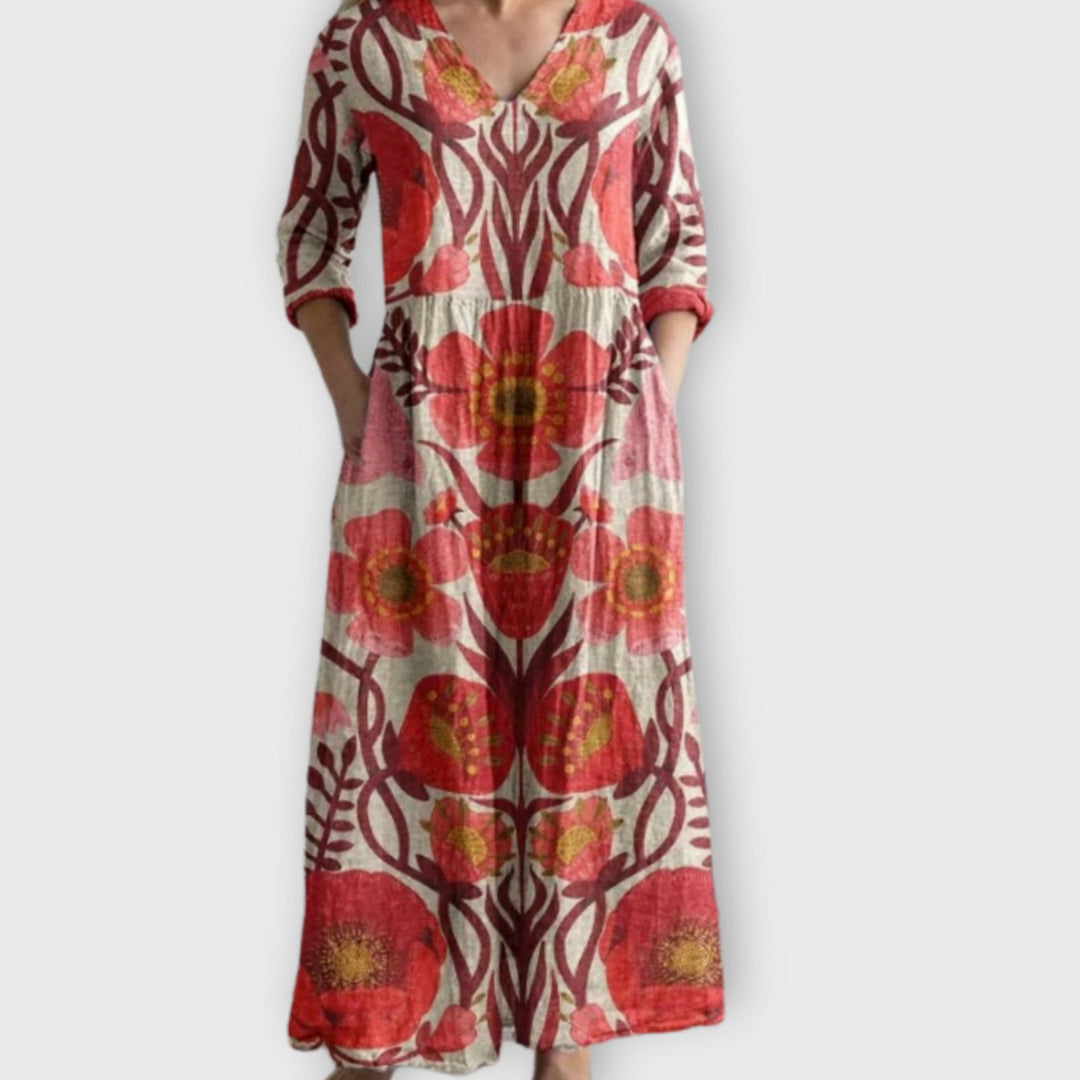 Damen Boho Maxikleid mit V-Ausschnitt und großem Blumenmuster