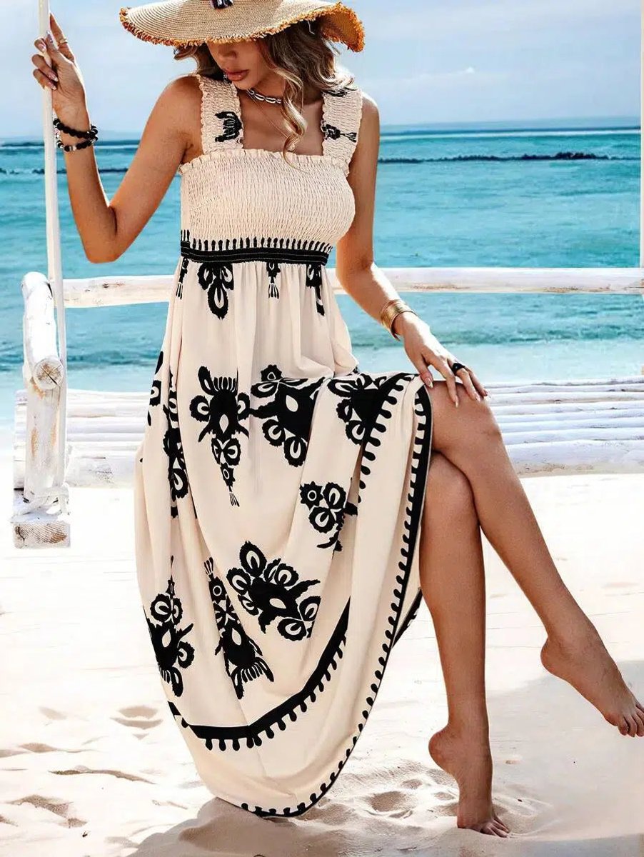 Damen Boho Maxikleid ärmellos geraffte Oberteil florales Muster