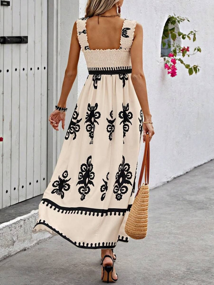 Damen Boho Maxikleid ärmellos geraffte Oberteil florales Muster