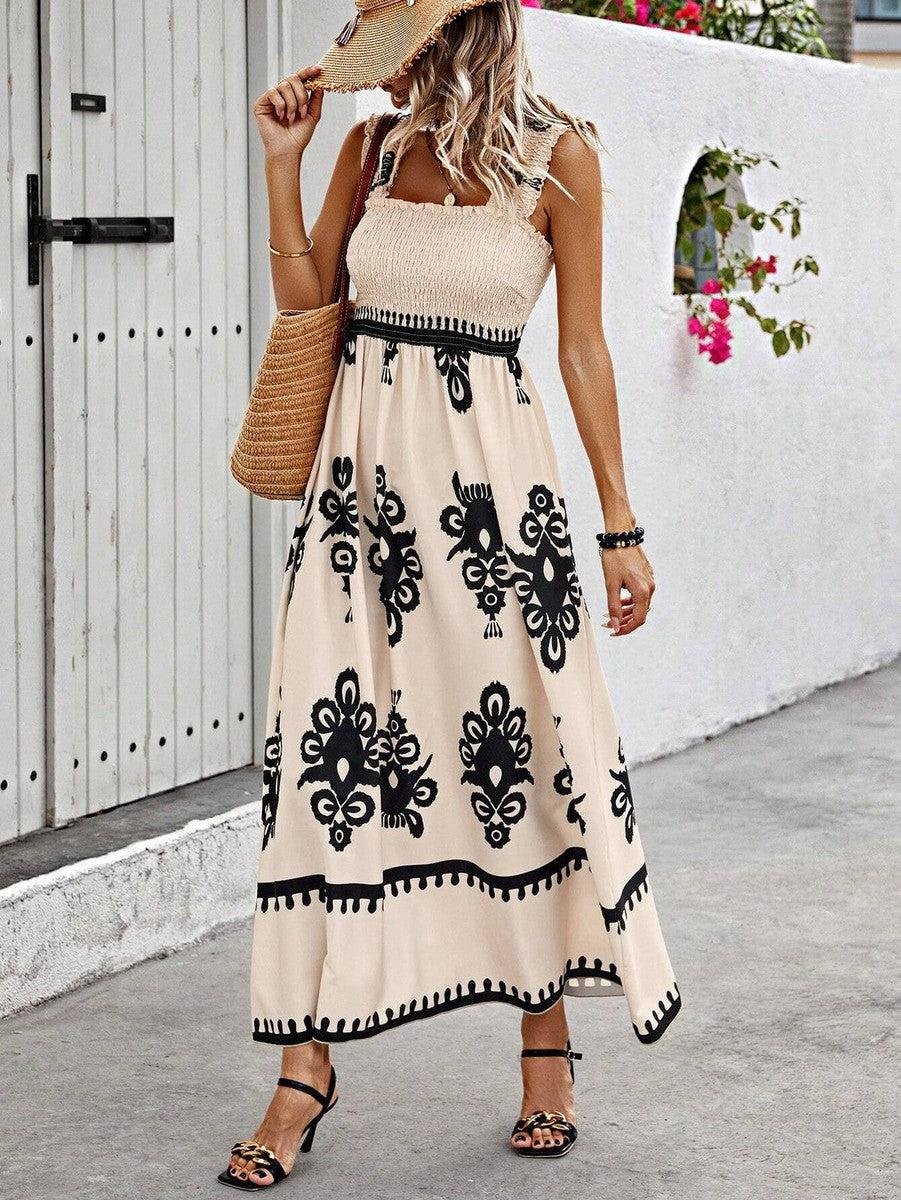 Damen Boho Maxikleid ärmellos geraffte Oberteil florales Muster