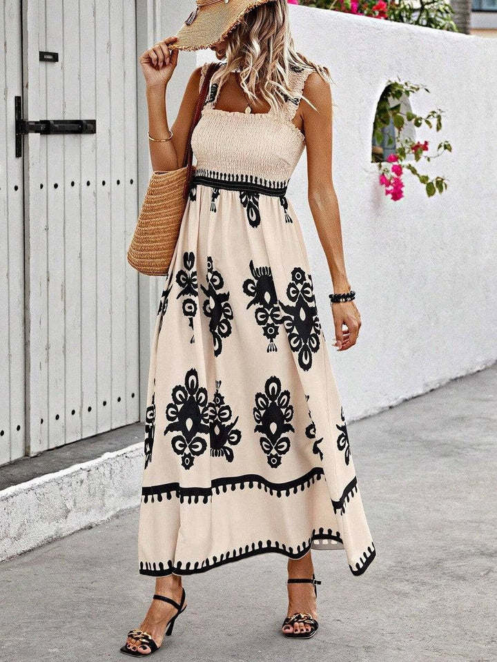 Damen Boho Maxikleid ärmellos geraffte Oberteil florales Muster