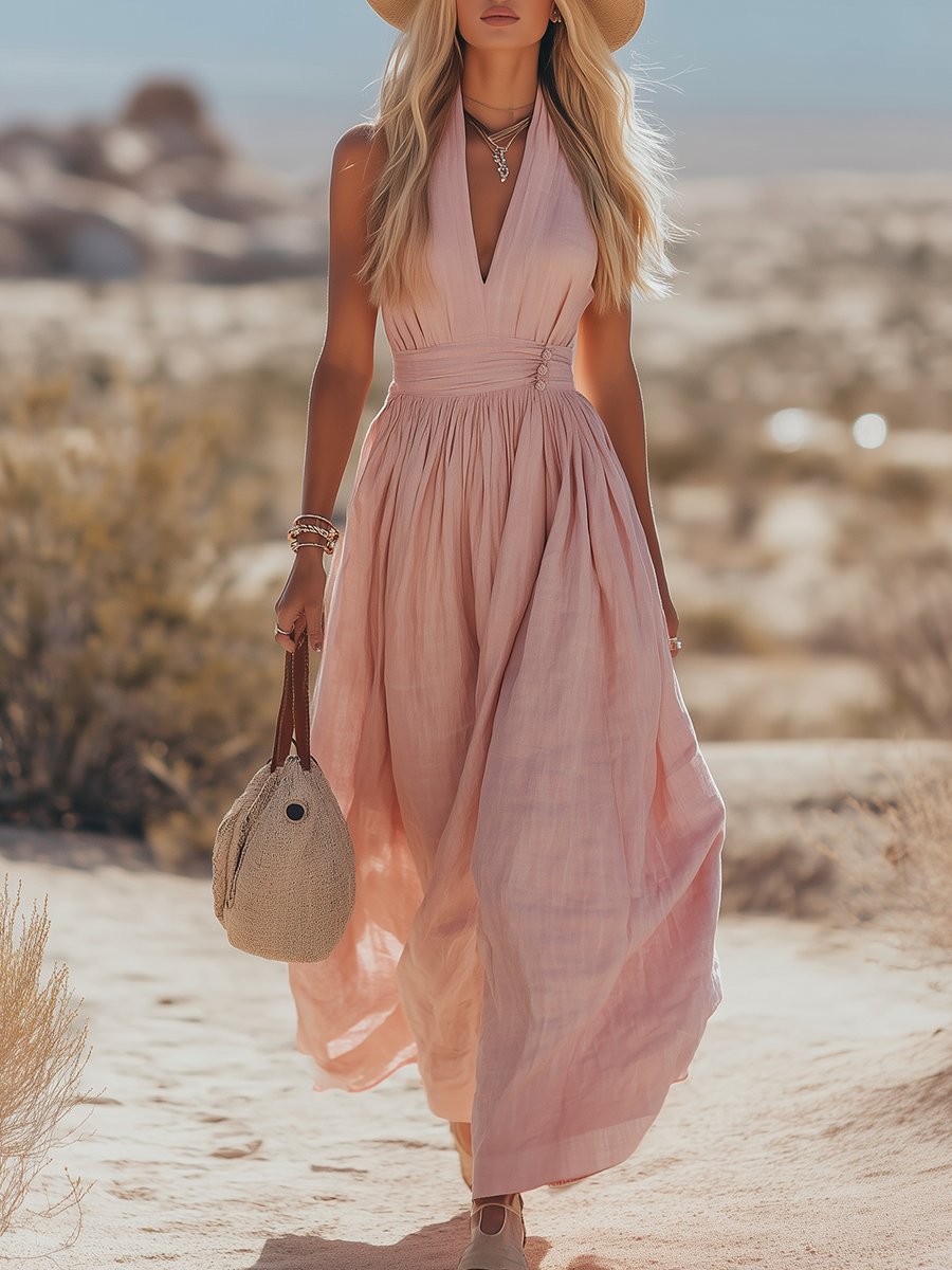 Damen Boho Neckholder Maxi Leinen-Kleid - Pink