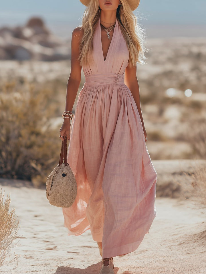 Damen Boho Neckholder Maxi Leinen-Kleid - Pink