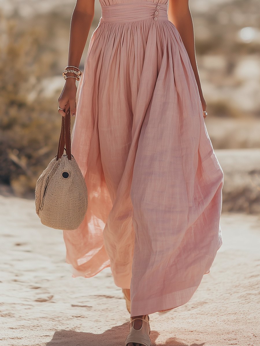 Damen Boho Neckholder Maxi Leinen-Kleid
