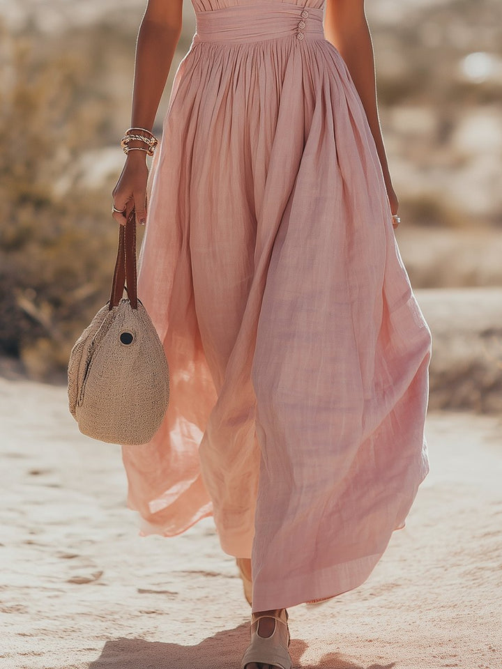 Damen Boho Neckholder Maxi Leinen-Kleid