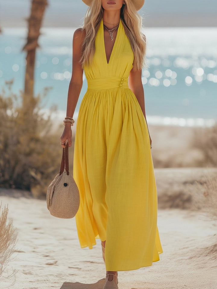 Damen Boho Neckholder Maxi Leinen-Kleid - Yellow