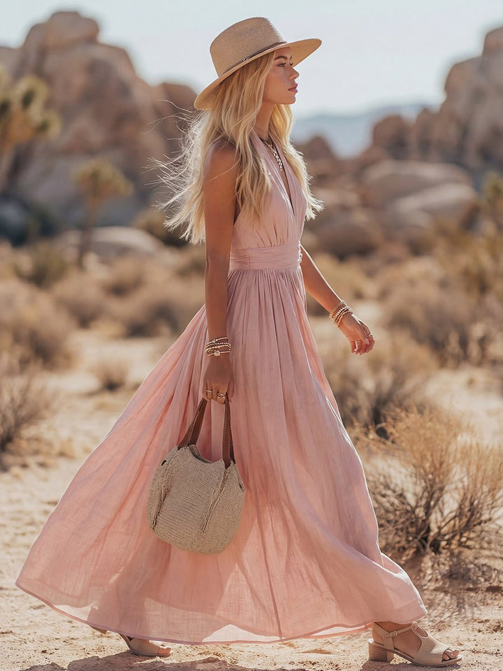 Damen Boho Neckholder Maxi Leinen-Kleid