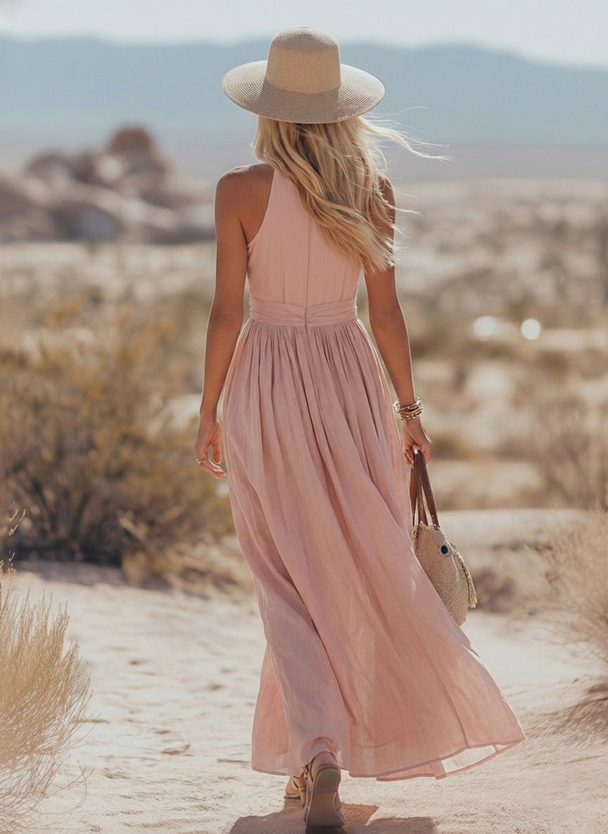 Damen Boho Neckholder Maxi Leinen-Kleid