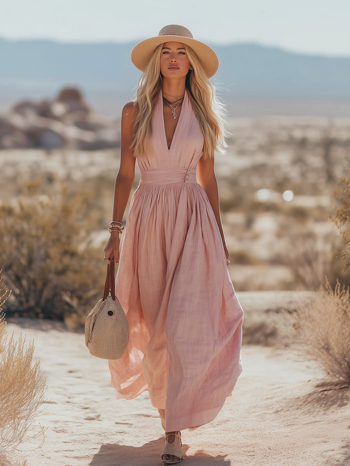 Damen Boho Neckholder Maxi Leinen-Kleid