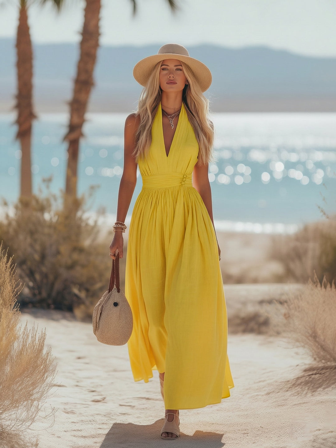 Damen Boho Neckholder Maxi Leinen-Kleid