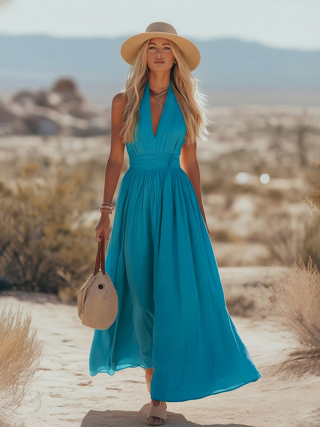 Damen Boho Neckholder Maxi Leinen-Kleid