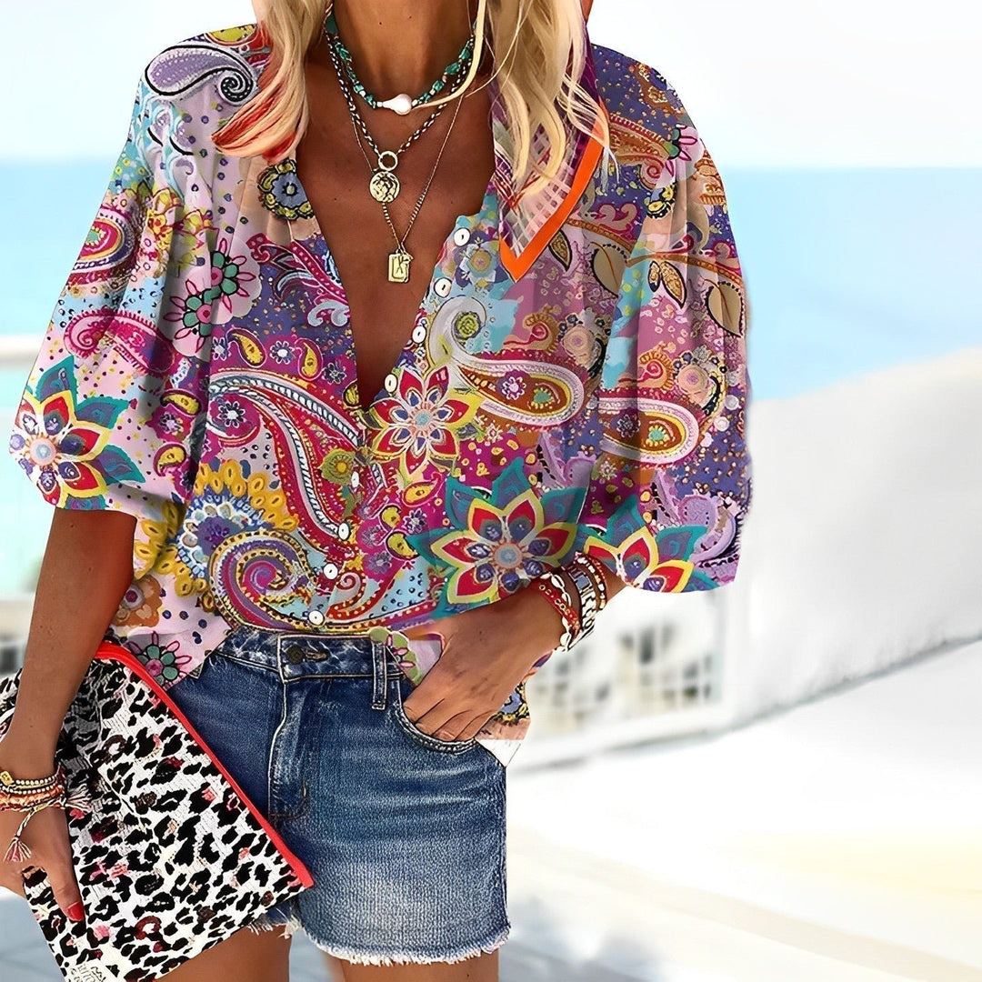 Damen Boho Paisley V-Ausschnitt Knopfleiste Bluse - Multicolor