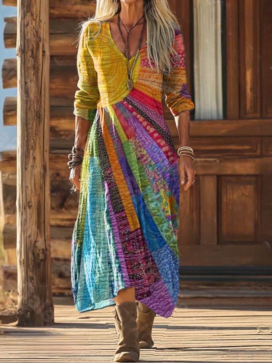 Damen Boho Patchwork Midi Dress Langarm V-Ausschnitt