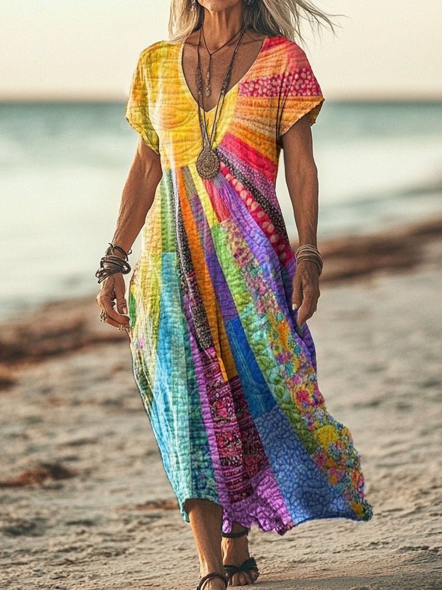 Damen Boho Patchwork Midi Dress Langarm V-Ausschnitt