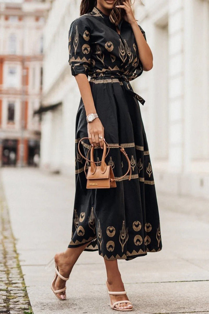 Damen Boho-Print Gürtel Midi Kleid mit 3/4-Ärmeln - Black