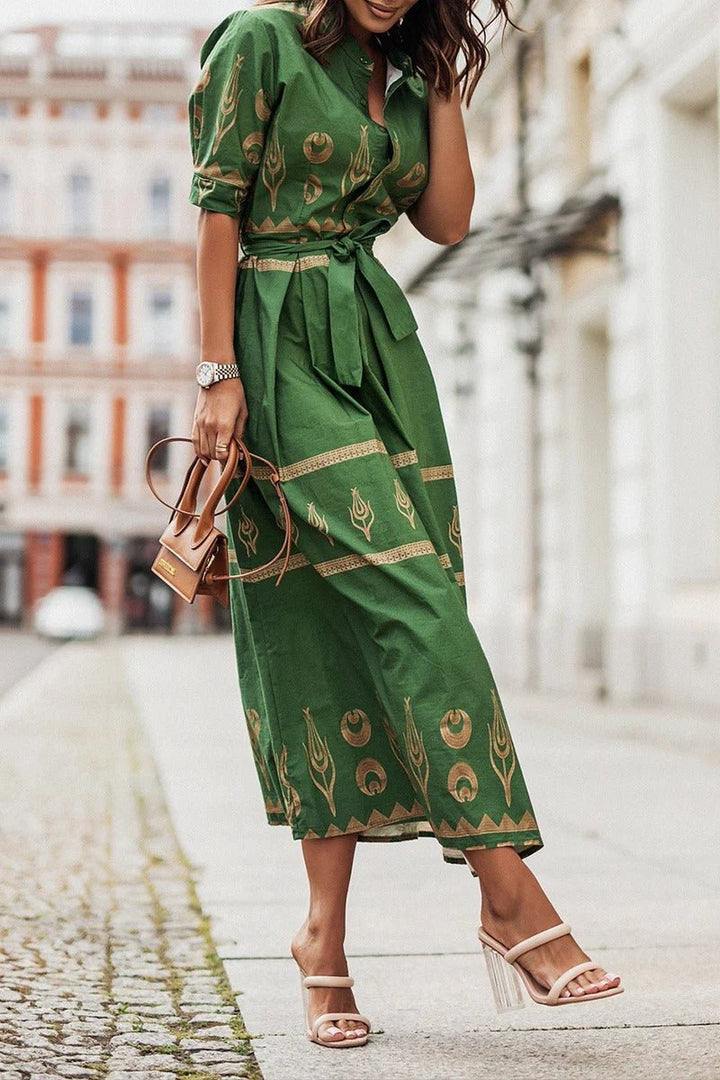 Damen Boho-Print Gürtel Midi Kleid mit 3/4-Ärmeln - Green