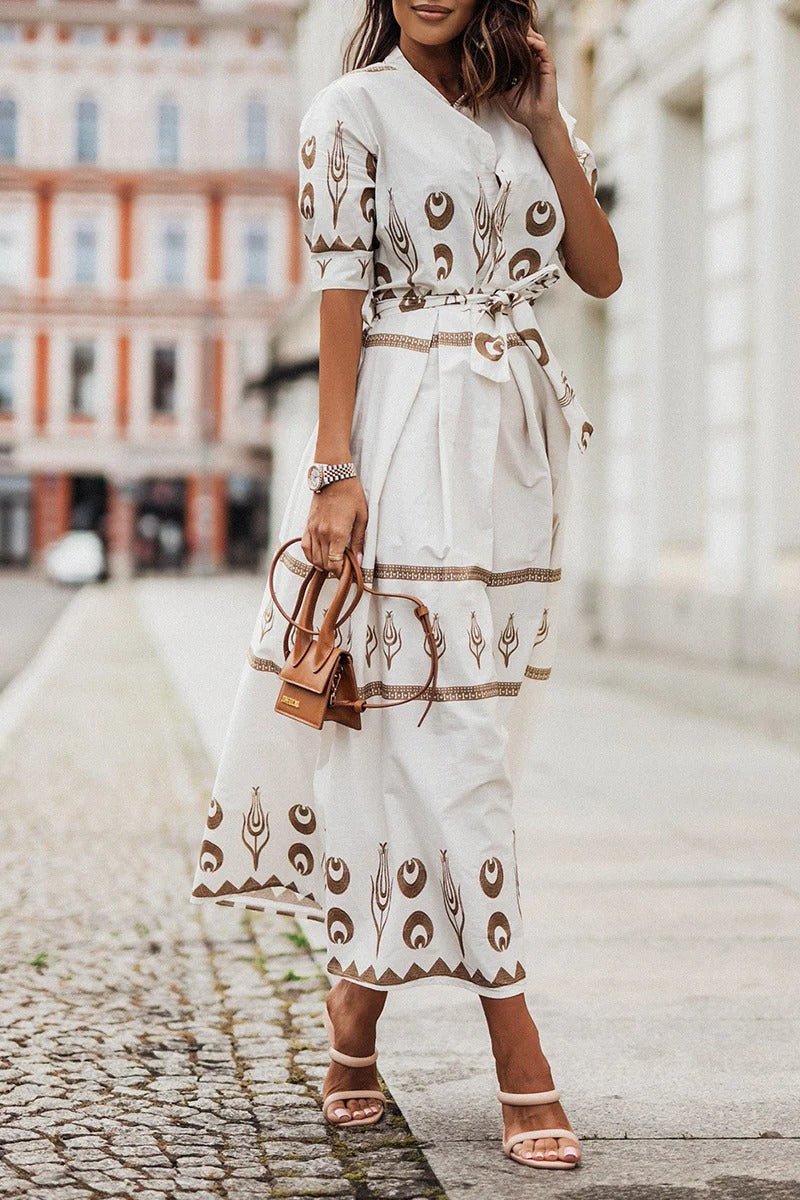 Damen Boho-Print Gürtel Midi Kleid mit 3/4-Ärmeln - White