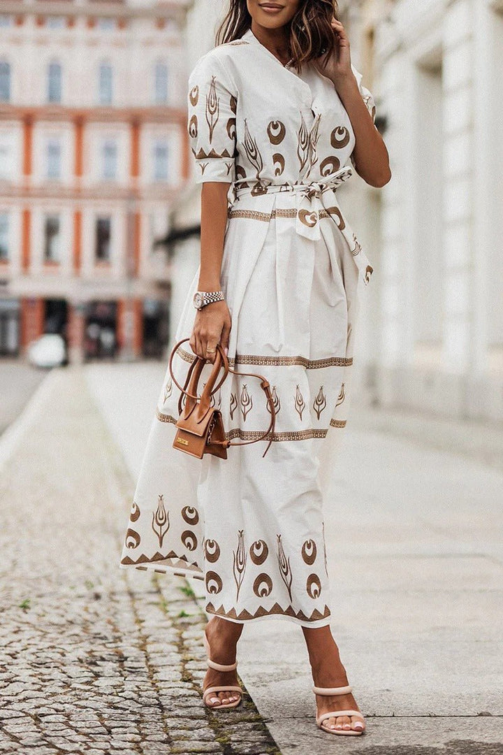 Damen Boho-Print Gürtel Midi Kleid mit 3/4-Ärmeln - White