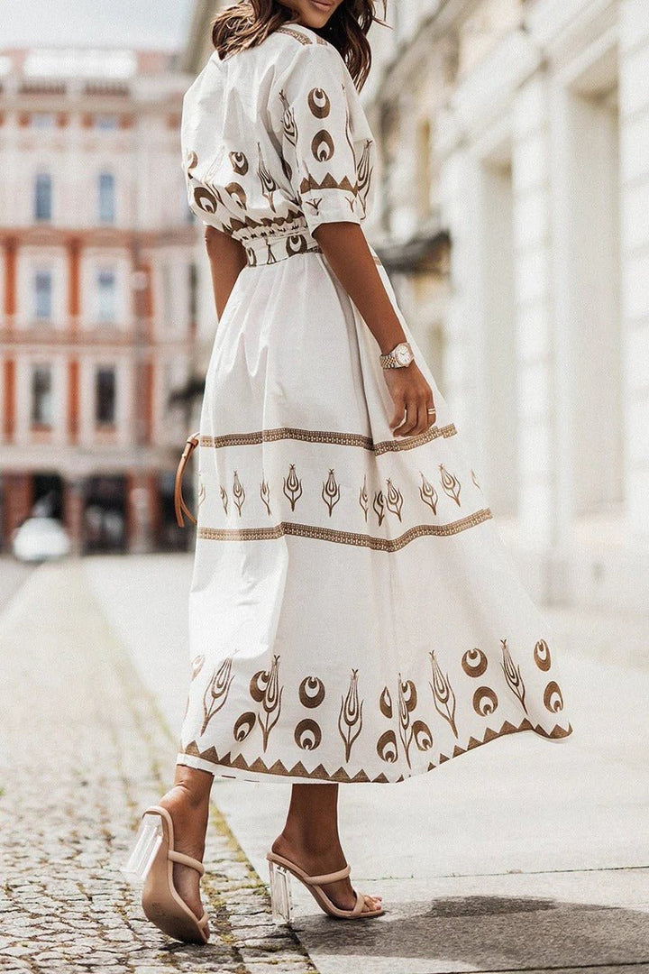 Damen Boho-Print Gürtel Midi Kleid mit 3/4-Ärmeln
