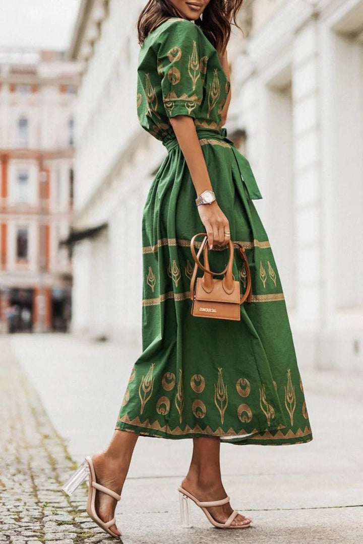Damen Boho-Print Gürtel Midi Kleid mit 3/4-Ärmeln