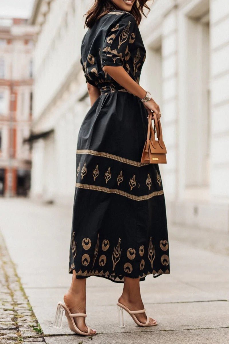 Damen Boho-Print Gürtel Midi Kleid mit 3/4-Ärmeln